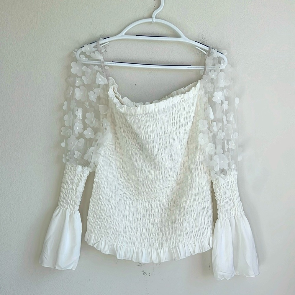 NWT White Solid Mesh Floral Long Sleeve Shirt Top Feminine Blouse
